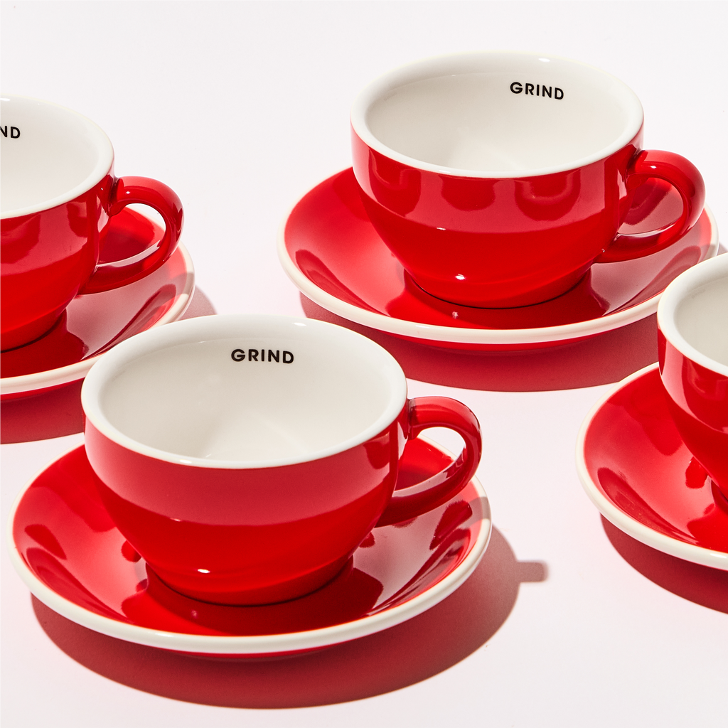 Red Coffee Cups & Saucers Set | Espresso & Flat White Cups | Grind
